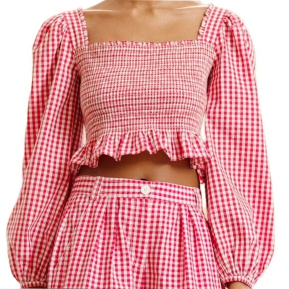 byTiMo Gingham Cropped Milkmaid Blouse Womens Medium Smocked Cottagecore Western - Picture 8 of 8